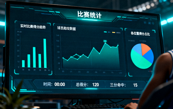 体育数据分析屏幕，展示比赛统计图表与数据可视化界面