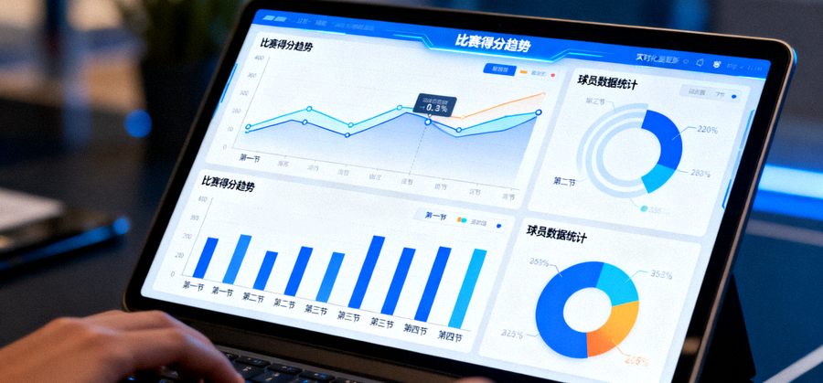 体育数据分析屏幕，展示比赛统计图表与数据可视化界面